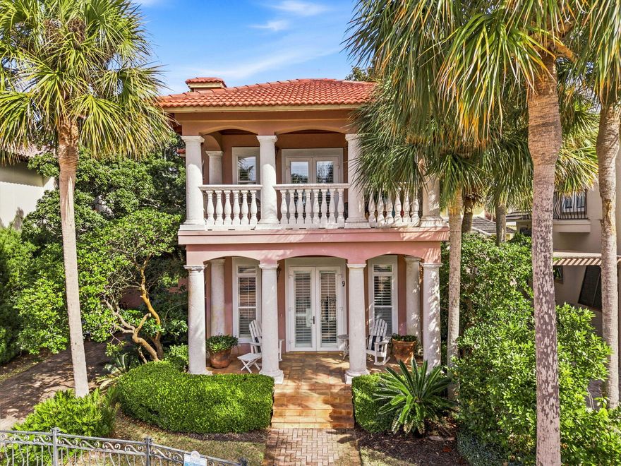 Here is your opportunity to live your best life in the prestigious gulf front community of Caribe with homes soaring above $4.0+. Like many of the unique homes in Caribe, this home oozes quality. Compact in size yet huge on design with tall ceilings, custom woodworking and one of a kind finishes. Highly sought after bedroom suite on 1st level tucked away featuring beam ceiling, book shelves, walk in closet & doors onto the patio. Rest on the covered front porch and welcome neighbors to chat, or garden in your gated front yard. Brick paver drive and wrap around patio with privacy fence and fountain will be the perfect place for year round entertaining.  Inside welcomes you with a fireside living room, spacious dining and custom kitchen with pass through bar. Upstairs den for quiet times. Den is perfect for reading, meditating or escaping. The primary suite features a sitting area, french doors onto the covered balcony and ample closet space. Guests or kids will love the size of the 3rd bedroom suite. Situated in a cul-de-sac across from the tennis courts with little traffic. As you drive into the fenced and guard gated entrance you are transformed with colorful homes, thoughfully designed streets all leading to the community pools and deeded beach with golf cart parking. Conveniently located near designer shopping, 5 star restaurants, award winning tennis and golf clubs and the lavish lifestyle of 30A. This home is priced for quick sale and offered as is but has been maintained by this loving family for years. 