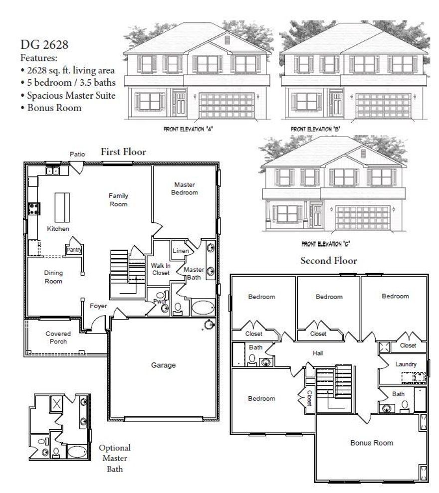 Welcome to the 2628 sq ft plan that offers 5 bedrooms and 3.5 bathrooms! This 2 story home also has a large bonus room on the second floor. The master suite is situated on the first level and the other 4 bedrooms upstairs. The laundry room is also cleverly placed upstairs. The kitchen has a large island adorned with white lace quartz. Cabinetry in kitchen and bathrooms is shaker gray to match the upgraded flooring Maple Sapling. The only carpet in this beauty is in the bedrooms and on the stairs. The master bath has double vanities and a good sized closet. The exterior s 4 sided brick with vinyl trim. The lot is fully sodded and landscaped and has sprinklers to keep it all lush and beautiful. Schools are A rated and there is ample dining and shopping. Did I mention the community pool??
