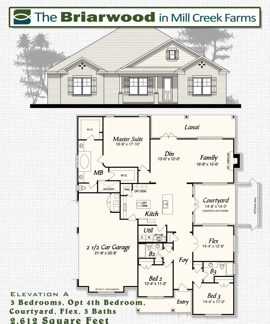 Pre-sold home. Briarwood floor plan. Open layout with 4 bedrooms, flex room and 3 baths. Enjoy the oversized front, side and back porches. This floor plan includes a 2.5 garage, providing workshop space. Large, grand foyer opening to the kitchen, flex room, dining and living area. Large double walk-in closets along with oversized tiled shower and tub deck in the master. Floor coverings are laminate, tile and carpet. Lots of upgrades including upgraded kitchen package, floor outlet, detached 2 car garage, crown molding, cased windows, 8' interior doors, oil rubbed bronze package, oversized fridge/freezer, kitchen backsplash, laminate throughout, and stained wood glass double doors to flex room. Energy efficient Gulf Power EarthCents Certified home.