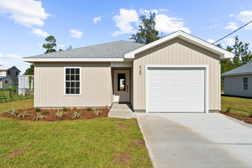Brand new and built to impress - welcome to 925 Bonnie Lane! This thoughtfully designed home in Panama City is a smart move for anyone looking for quality, comfort, and convenience. Just minutes from Tyndall Air Force Base, public boat ramps, parks, and all the essentials of town, this location offers the best of both peace and practicality. Step inside to vaulted ceilings, tons of natural light, and an open-concept layout that feels spacious yet inviting. The kitchen delivers serious style with sleek quartz countertops, stainless steel appliances, soft-close shaker cabinets, and a large island perfect for hosting or your morning coffee routine. Durable vinyl plank flooring runs throughout. No carpet = no stress or mess.