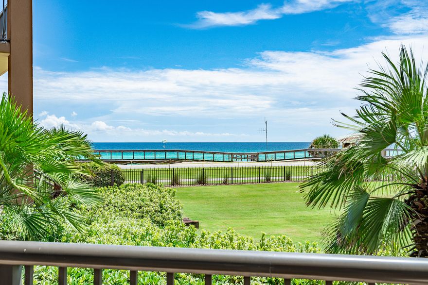 Fabulous location on the East side with fantastic sunset views! One from the end ensures the utmost in unobstructed gulf views and privacy. Wrap covered patio with stairs leading directly to the ground, perfect for pets, small children and quick access to your private beach. Walls of windows encase the home with natural light. Two private bedroom suites, split floor plan and face the gulf. Tastefully decorated and sold fully furnished. Premium deeded garage parking space plus a caged storage transfer with the sale. Mediterranea is the most sought after low rise complex along Scenic Gulf that allows short term rentals. Securely gated. Heated pool, Community room, fitness center, tennis court and outdoor grilling area. Concrete and steel construction to withstand the Florida weather.