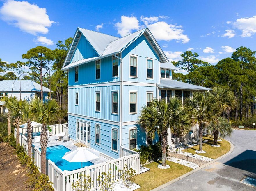 Newly enhanced with a private pool, this stylish beach home offers elegant finishes in a beautiful wooded setting on the coveted east end of 30A. Immerse yourself in the natural surroundings as hardwood flooring and hand-hewn beamed ceilings set the tone for a tranquil and elegant ambiance. Floor-to-ceiling windows and doors seamlessly connect the interior with the outdoors, leading to the screened-in wraparound porch, ideal for alfresco gatherings and relaxation by the porch's fireplace.  Interior features include custom light fixtures, exquisite decor and furnishings, and high end trim details throughout. The heart of the home, the spacious kitchen, exudes luxury with cool white quartz countertops, complemented by Kohler fixtures and KitchenAid stainless appliances. The open layout also features a comfortable family room on the first floor that opens directly to the private pool area, surrounded by the property's lush landscaping, enhanced by extensive lighting and irrigation. With five beautiful bedrooms, and a built-in bunk room, this residence offers ample space for family vacations and large-scale gatherings. The community's amenities include tram service to the private community beach access complete with chair set-up, ensuring ultimate comfort and convenience for enjoying days at the beach. The home is a casual stroll or bike ride into Seacrest, Alys, and Rosemary Beaches which offer a delightful selection of restaurants, shops, and entertainment, further enriching the coastal lifestyle experience.