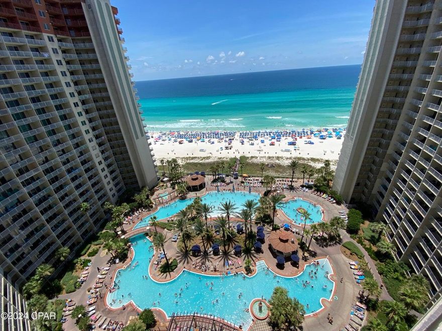 Experience coastal living at its finest with this exquisitely furnished 2-bedroom, 2-bath condo overlooking the Gulf of Mexico. The unit features a Gulf-front master bedroom and a spacious balcony with views of the pool, making it an excellent rental opportunity. Inside, you'll find tile flooring throughout, elegant granite countertops, and modern updates including a new refrigerator, new washer/dryer, and new Polywood patio furniture. The condo has been freshly painted and comes fully furnished, rental-ready, with future bookings already in place. The living room offers a sleeper sofa and an accent chair that converts to a twin bed, enhancing comfort and flexibility. Well-maintained and move-in ready, this condo is part of the Shores of Panama resort, which boasts an array of amenities.