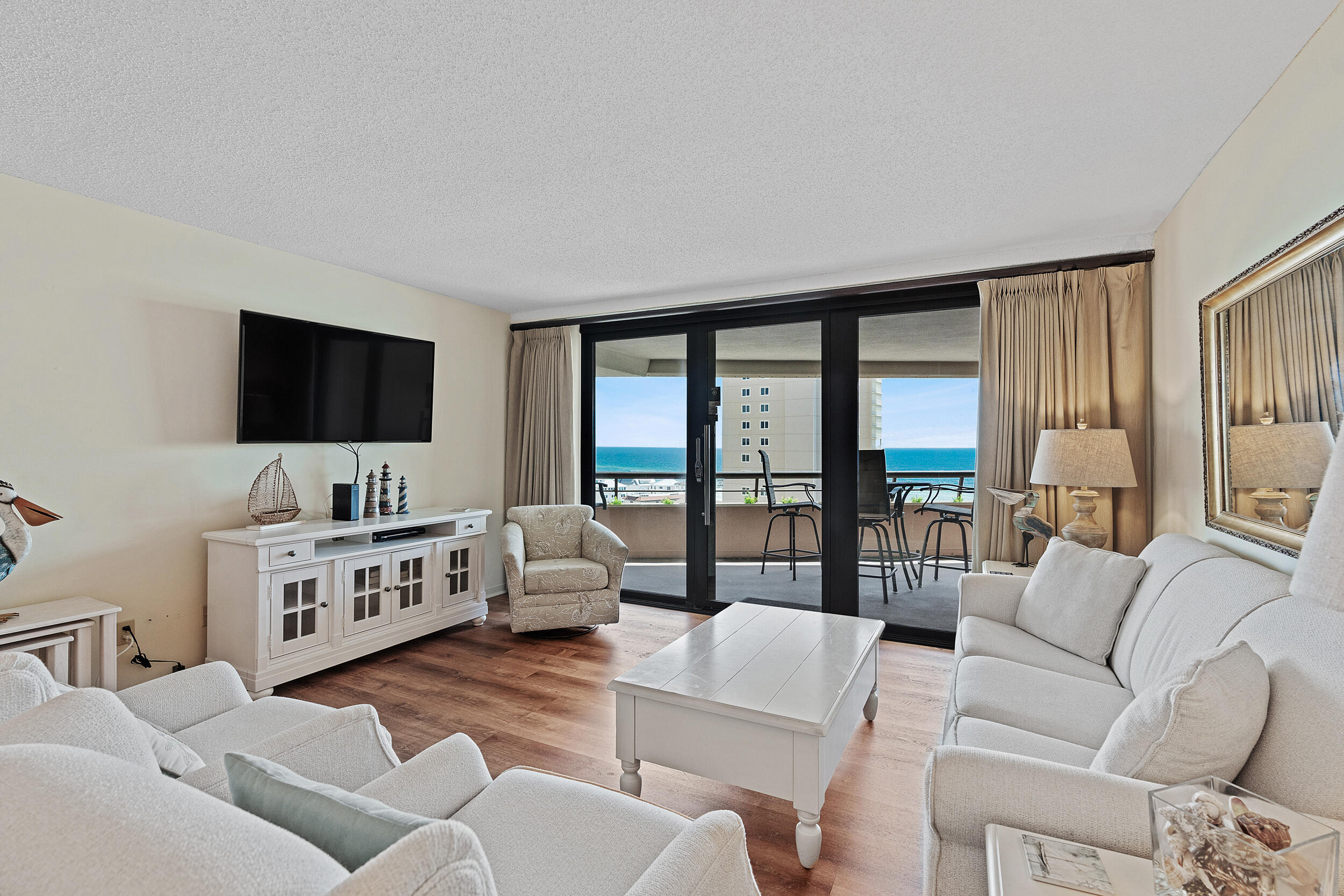 GULF FRONT CONDO with FABULOUS VIEW of the Gulf of Mexico and their private beach. Sold fully furnished with everything you need to make it a pleasant experience. All floors have been replaced with LVP and tile. Both the living room and primary bedroom access the oversized, private balcony. Perfect place to enjoy after a nice day on the beach. The Seller made the guest bedroom into an 'owners closet/private room' and gross rental income for 2023 rented out as a 1 bed/2 ba was $33,600. Projected gross rental income rented as a 2 bed/2 ba for 2024 is $45K. Note the second bedroom is sold fully furnished. There is a separate storage outside for beach toys as well as a full-size washer/dryer inside the condo. The location of this unit is great being close to the elevator. Edgewater is a gated community offering many amenities including 425 feet of private beach, covered parking, two beachside pools (one is being heated), waterfall spa and wading pool, fitness center, children's playground, putting green, shuffleboard area and basketball court.
Walking distance to Silver Sands Outlet Mall and several restaurants. Call now for a showing!