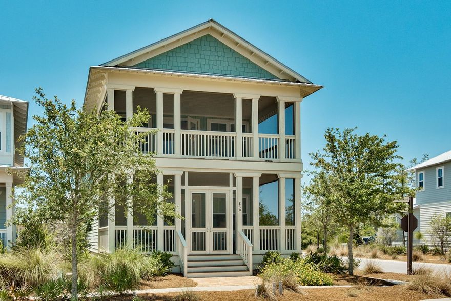 This beautiful Sea Breeze home is situated on a corner homesite across from the Gathering Place and right next to the Lilly Lane Beach Trail. One of the most desirable floor plans in the community, the open layout features a light + bright dining area with bay windows, a spacious kitchen and living room, two owners suites (one on the first floor), a day room on the second floor, a bunk room, and a two-story screened porch. Exceptional finishes include wood flooring throughout, v-groove wall accents, a fireplace + more.