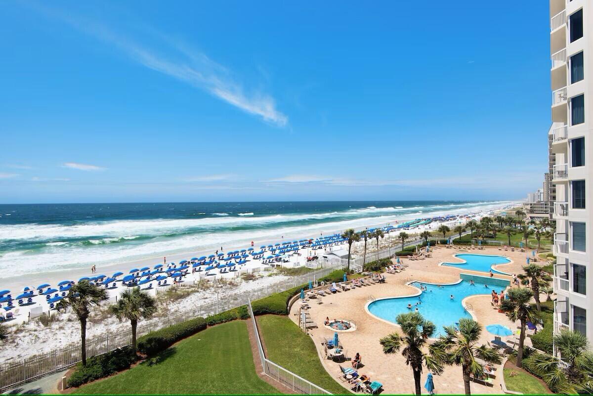 Unit 502 E Silver Beach Towers is a lovely 2-bedroom, 2-bath Gulf front condo, nicely furnished, well-maintained, self-managed rental unit. Both bedrooms face the Gulf with balcony access. The open living, dining, and kitchen area offers Gulf views, tiled floors, a kitchen with stainless steel appliances, updated cabinets and a breakfast bar. The master bath has a jetted tub and updated walk-in shower. The second bedroom has an en-suite updated bath. Also includes an owner's closet and 1 assigned covered parking space. Silver Beach Towers covers 600 feet of white sand, with two Gulf-side pools, two hot tubs, a BBQ area, pickleball/tennis courts and gated parking with fob-secured access, also three condos per floor for each pair of dedicated elevators and a traffic light entrance from 98. A new amenity this summer is food and beverage service delivered right to your beach chair, a seasonal service available to owners and guests. Located in the heart of Destin! A/C Replaced in 2021. Washer and Dryer replaced in 2024. Gross Rent 2024: $97,414, in 2023 $ 107,077, and in 2022 $104,765.
