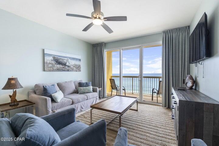 Perfect 7th-floor elevation with easy elevator access and fantastic rental history. This fully furnished Gulf-front condo offers stunning views and lives like a beach house in the sky. The efficient 2 Bed + Bunk / 2 Bath layout lives and rents like a true 3-bedroom. Open floor plan with 9' ceilings and large sliding doors showcases breathtaking Gulf and sunset views from the living room, kitchen, dining area, and master suite. The spacious balcony is perfect for outdoor living and entertaining. Turnkey and rental ready with coastal decor, ceramic tile in the kitchen, and LVP throughout living and bedroom areas. The kitchen features stainless steel appliances and ample storage.