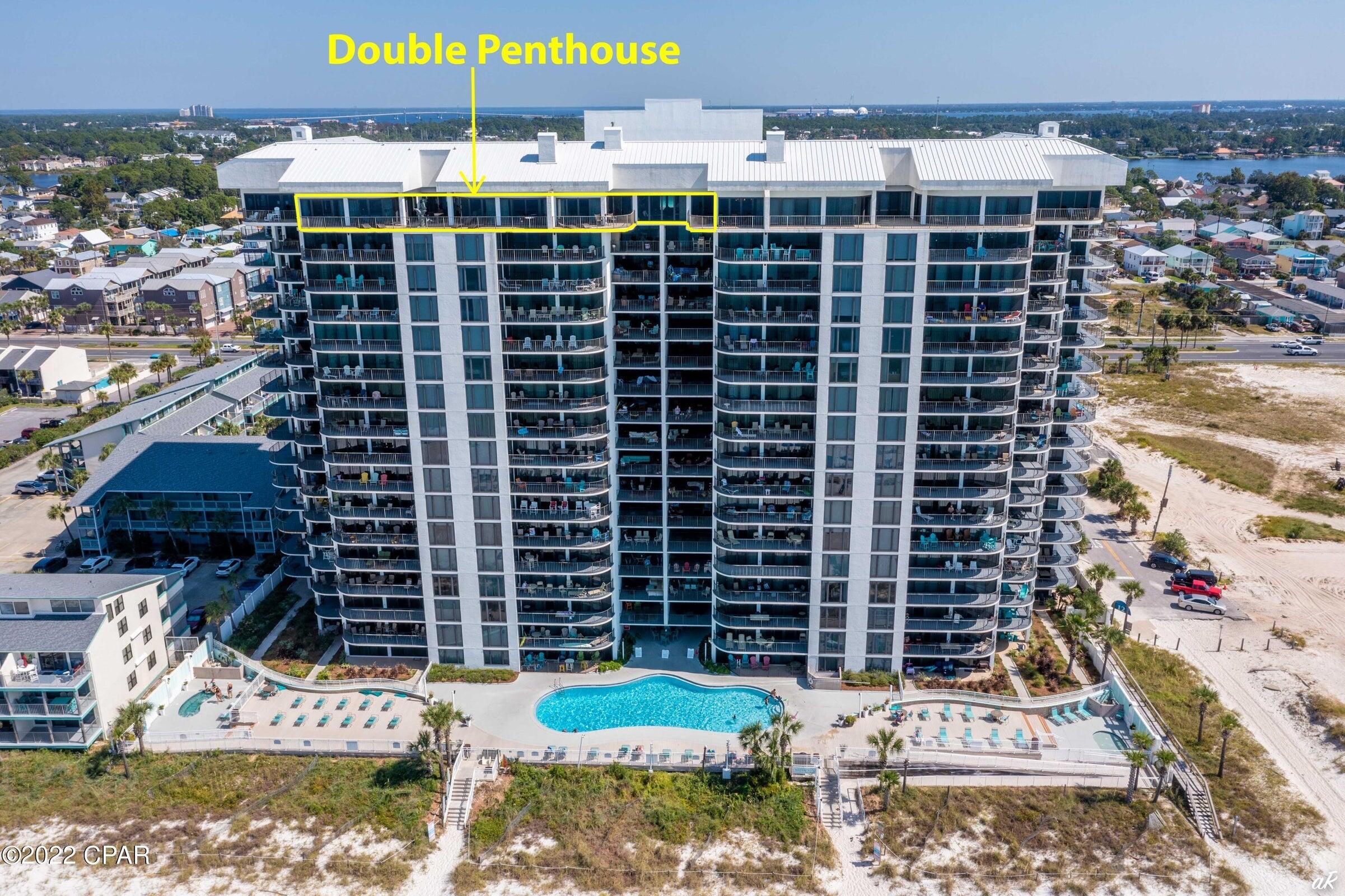 Watercrest 1803 and 1804-Beach Front Penthouse, 5000 square feet, 5 beds, 4 full baths, 2 half baths, absolutely stunning! The only true Gulf front Penthouse available, private floor w/ pool, pool deck, 18th floor with owner access only. Condo is exquisite from top to bottom! 2 master suites both are Gulf front and three large balconies. Outdoor space is fantastic for entertaining, relaxing, sunning, enjoying sunsets and salt air! Penthouse comes with 2 assigned garage parking spaces, both covered which is a huge perk to stay dry in the rain and cool in heat. Amenities include the private pool as well as ground floor pool, hot tub, kiddies' pool, expansive sundecks, lighted tennis court, shuffleboard court, indoor racquetball court, and exercise room. Windows span the length of 5000