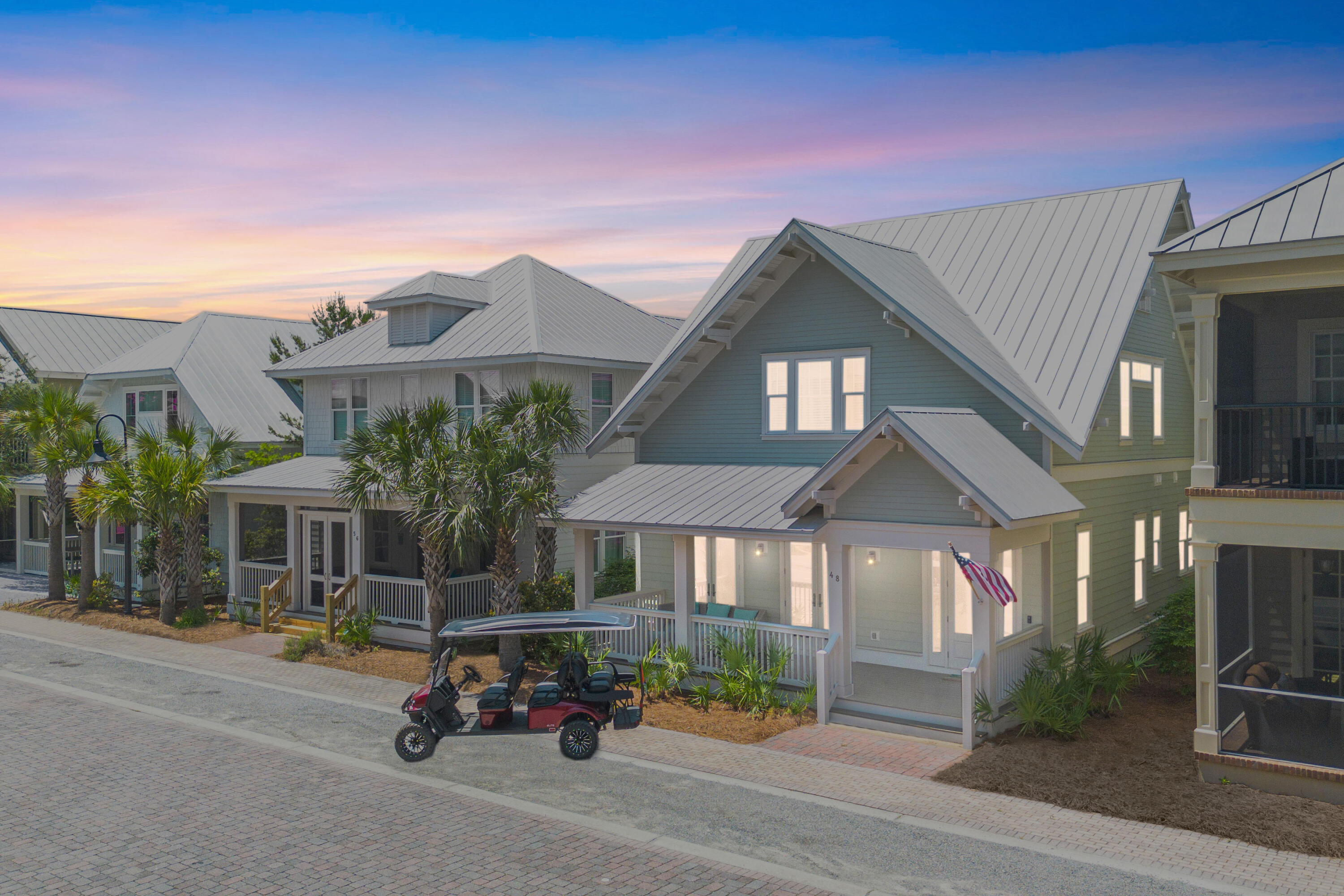 Ride back in time... And rediscover a more PLEASANT way of life. Carefree days & front porch hellos. Welcome to 48 Pleasant Street, where Classic Americana meets Modern Luxury. This is the ONLY beach cottage of its kind on the market in Prominence on 30A--a RARE chance to experience a more Pleasant Life.NEVER BEEN RENTED, but it is available for short-term rentals. It's like buying a pristine new home, perfect for a primary or secondary residence, & an excellent investment opportunity!Elegantly decorated as if by Ralph Lauren and Donna Reed, this home comes FULLY FURNISHED. With 3 bedrooms and a bunk room, this gem comfortably sleeps 10+ guests. It boasts a dreamy front porch, a detached TRUE 2-car garage, an outdoor shower, & a 6-seater golf cart--truly, this dream home has it all!