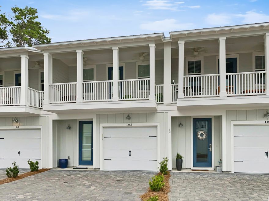 The 30A Townhomes is located Seagrove Beach, FL. This never-been-rented townhome is ready for immediate occupancy. It's practically brand new. Being sold mostly furnished. The neighborhood is a low density complex with pool and dining options within walking distance.  Great for primary or rental investment.  Engineered wood throughout. This is a spacious two-story residence has approx. 1,522 square feet, 1 car garage, 3 BD, 2 hallway bunks, 2 BA and a 1/2 bath.  1st Floor has hallway bunks, two private bedrooms w/ doors leading to back courtyard, double vanity full bath. The 2nd story has custom backspash in kitchen.  Kitchen island with sink. Large 19'x10' covered porch of living/dining area, master bedroom and bath and large walk in closet. Ask for seller's exclusions list. Sold 'AS IS'.