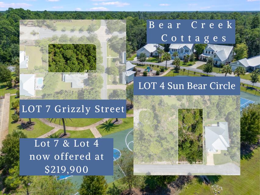 Two vacant 1/4-acre lots in the desirable Bear Creek community of Freeport are now available as a package deal for $219,900. Located at 7 Grizzly Street and 53 Sun Bear Circle, these properties offer flexibility for a buyer to build now or hold as an investment. House plans are available (not yet HOA approved), and the sellers are willing to guide a buyer through the approval process or even contract to build the plans if desired. The owners would also consider selling the lots separately. Bear Creek is one of Freeport's premier neighborhoods, featuring resort-style amenities including a pool, fitness center, playground, tennis courts, and pickleball courts. The location is ideal--just 10 minutes to Publix in Freeport, 15-20 minutes to Santa Rosa Beach and the nearest beach access, and within a 15-minute drive to all Freeport city schools, which are A-rated and part of one of the fastest-growing communities in Florida.