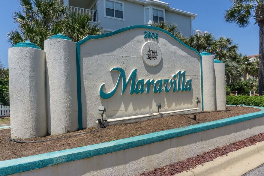 Loctaed in Front Building. Unit is rental ready and has a steady rental history averaging $40K to $46k in gross rental income.  Maravilla is a beachside 33.7 acre gated community of prime Destin gulf front property on scenic highway 98. One of the few condo complexes that can offer 2.5 acres of deeded beach front access, two luxurious swimming pools, tennis and shuffleboard courts, and a clubhouse with exercise room.
