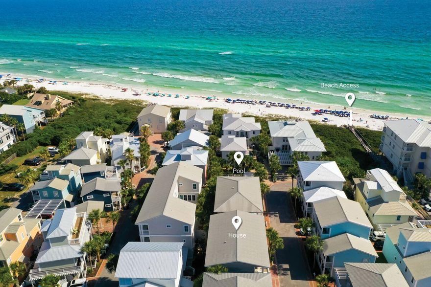 Steps from the pool and beach, this spacious five-bed home is on a quiet private street within a small gated community located in the heart of Seagrove Beach. The experience can't be understated, situated two homes from the community pool and 4 homes from the communities private beach access.  At the entrance you're greeted with a spacious foyer; a great place to drop bags, beach gear and flip flops before heading upstairs. Also on this level, there's an icemaker, laundry and a tastefully decorated guest suite reveling in its own peace and privacy. The ensuite bathroom is well-appointed with dual vanities and a tub/shower combo. The second floor boasts an open living room, kitchen, and dining area. Coastal decor in muted shades enhances this homely space. White kitchen cabinets, granite countertops and stainless steel appliances provide everything you need to create quick snacks and healthy family meals. The primary suite is conveniently located on this floor and has direct access to a wood-decked wraparound porch for quiet reading or savoring a cup of coffee. The third floor has two more guest suites, both enjoying large private bathrooms, porch access and views of the shimmering Gulf of Mexico. Rounding off the accommodations, a bunk room provides a great space for youngsters to sleep and hang out. A wet bar with refrigerator and sink is thoughtfully located on this top floor. Plan your days around the community pool or head to the private beach access just a few steps away. To top it off, the home offers two covered parking spaces. The gated community of Seashore Village is popular with permanent residents, second homeowners and vacation rentals due to its prime location. Restaurants, supermarkets and entertainment are within easy reach at Seagrove, Alys Beach, and Seaside. Point Washington State Forest offers plenty of outdoor recreation and neighboring Deer Lake State Park has hiking trails and one of 30A's rare coastal dune lakes to explore.