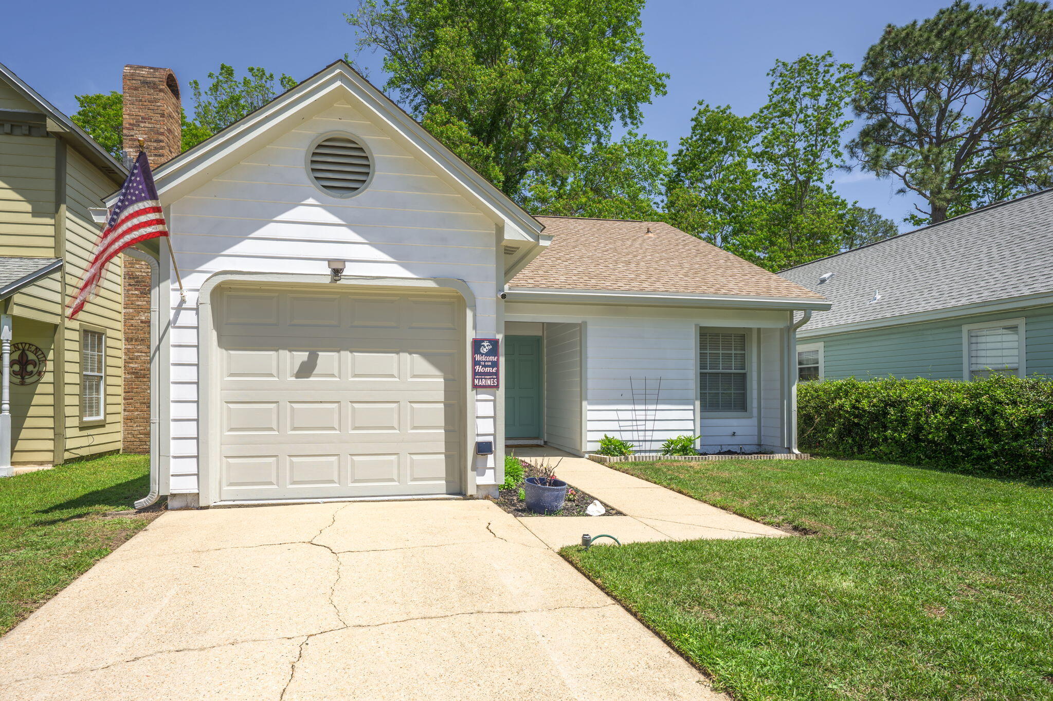 Welcome to 2527 Georgetown Lane in Fort Walton Beach, FL. Ideally located for active duty or DOD personnel, this home offers easy access to both Eglin AFB and Hurlburt Field. The Northwest Florida State College FWB campus is just under 1.5 miles away, and HCA Fort Walton Beach Hospital is within a 2.5-mile radius. Enjoy nearby amenities such as Kohl's, Aldi, Lowe's, Walmart, and Sam's Club, all within a short 5-10-minute drive. Plus, a new Starbucks, Culver's, and McDonald's are set to enhance your dining options.This charming home features a new roof installed in January 2023 and a privacy fence replaced in September 2024. Nestled on a quiet cul-de-sac, the property boasts a covered front porch, a single-car garage, and rain gutters. Inside, the open floorplan is accentuated by LVP flooring throughout and a cathedral ceiling. The kitchen has granite countertops, open shelving, a modern white subway tile backsplash, stainless-steel appliances and a cozy dinette space bathed in natural light from expansive windows.
The master bedroom offers double closets for ample storage, and remote ceiling fans are installed in the bedrooms and living room. French doors open to the back patio, providing a perfect space for relaxation or entertaining. Don't miss out and schedule your private showing today!