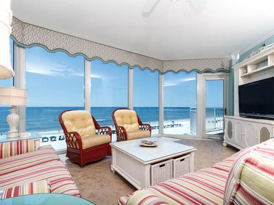 Stunning 180 degree views of the blue green gulf waters with floor to ceiling glass.This 3BR/ 3.5BA condo has a delightful tropical decor. Stainless steel appliances, granite countertops, and breakfast bar make the kitchen an inviting place to cook and gather the family. All 3 brs have a tremendous beach view and private ensuite bath. Bunk beds in private alcove. Master suite has private beach balcony, walkin closet, large bath w/double sink vanity, soaking tub, and sep shower. Multiple balconies assure views of sunrise and sunset. Sep storage off hallway right outside front door. Waterscape is is located on 490' of beach and is the area's premier family resorts with