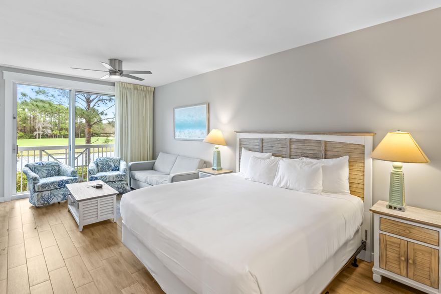 This 1st floor studio is beautifully updated and offers the perfect blend of style and comfort with all-new coastal artwork, furnishings, and a modern ceiling fan. The elegant porcelain plank tile flooring complements the freshly painted interior. The renovated kitchenette boasts painted cabinetry, white granite countertops, stainless steel appliances, and a trendy backsplash. The bathroom features a new vanity, stylish backsplash, and painted woodwork. Enjoy year-round comfort with a new 2022 HVAC. Open the sliding glass doors to a charming Juliet balcony and take in the beautiful unobstructed views of the Burnt Pine Golf Course and lake. A perfect getaway or investment opportunity! Elation residents enjoy access to the Solstice Club, the Grand Complex pool, hot tub and kiddie pool, and the Grand Sandestin fitness center. Elation is also conveniently located next to Hotel Effie and the dining, shopping, and live entertainment of the Village.

As an introduction to the Sandestin lifestyle, we invite our new owners to explore amenities that make Sandestin special. The listing brokerage and seller(s) are presenting the buyer(s) of this property with (2) 90-minute rounds of Tennis court time, a golf foursome at one of our three championship courses, and a round of golf for up to four (4) players at the unrivaled Burnt Pine Golf Club.

Sandestin Golf and Beach Resort features more than seven miles of beaches and pristine bay front, four championship golf courses, 15 world-class tennis courts, a 226-slip marina, a fitness center, spa and celebrity chef dining. Shop, dine and play at the charming pedestrian village, The Village of Baytowne Wharf and more. Inside the gates of the resort, residents enjoy a balanced lifestyle of high-class living, spanning the 2,400 acres from the beach to the bay. Everything within the gates of the resort is accessible by golf cart or bicycle. The entire resort is interconnected by miles of pedestrian, bike and golf cart paths that weave through groves of live oaks, meandering past natural lagoons, fountains, man-made lakes, and meticulously landscaped fairways.