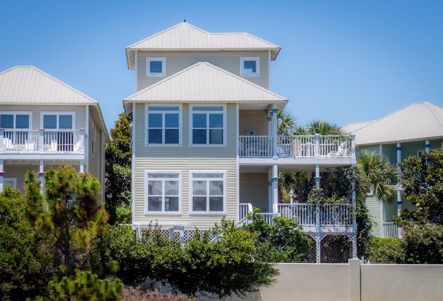 Located on the southern-most row of Old Florida Cottages with views of the Gulf. This beautiful home backs up to a vacant lot owned by the HOA, assuring that no house will be built behind you. Renovations include new granite countertops in the kitchen & stainless steel appliances. The reverse floor plan places the kitchen & living space on the second floor, giving you the perfect vantage point to enjoy beautiful Gulf views and the cool ocean breezes from over 700 Sq Ft of deck space. 3 Bedrooms and baths, plus spacious bunkroom complete this sweet beach retreat! Old Florida Cottages offers heated community pool, gas grills, lush landscaping and large park area. The community is a short walk to some of the best beaches & restaurants in the area. This home is offered fully furnished.