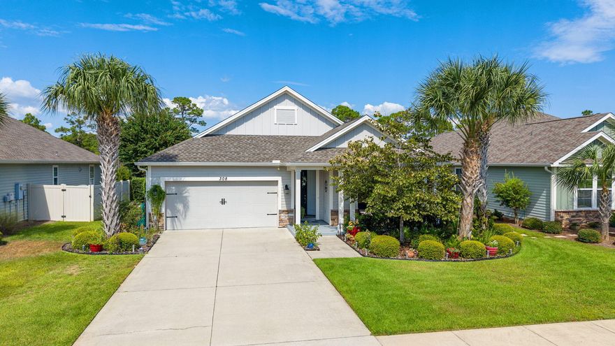 Welcome to Whisper Dunes, located on the highly desirable West End of PC Beach. This custom-built 3-bedroom, 2-bath home boasts an array of high-end premium upgrades throughout. Beautiful wood-look floors, remodeled bathrooms with designer tile, spacious kitchen with plenty of cabinets, garage with built-in storage, and more! This immaculate home backs up to a conservation area for added privacy. The open floor plan is great for entertaining, and it also has an enclosed porch with a wood-burning fireplace. The spacious primary suite overlooks the peaceful greenery, offering privacy. All exterior walls of this home are 2 x 6 lumber for additional strength and insulation. Whisper Dunes HOA fees include lawn care and landscaping maintenance, and offer a well-maintained community pool and clubhouse, perfect for gatherings. Lighted sidewalks throughout the neighborhood, underground utilities, just minutes to the beach, airport, Lake Powell, Pier Park, and more. Location is Prime, nestled in a perfect distance between PCB and 30Aall Data and Dimensions to be verified by buyer.