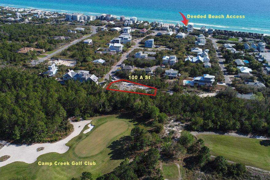 OVER-SIZED lot, almost 1/3 acre, along Scenic Hwy 30-A in highly desired quiet community of Seacrest Beach. Lot backs up to the woodlands of the Tom Fazio Camp Creek Golf Course, providing much desired privacy. Deeded access is approximately 900 ft. to the beautiful white sand and emerald waters of the Gulf of Mexico across Hwy 30-A. Less than 2 miles to the Alys Beach and Rosemary Beach restaurants, shops, and live entertainment, etc. No HOA fees and no build out requirements. Build your family compound/dream home. Lot is on cul-de-sac. Extra privacy and tranquility. No thru traffic.You can't find large lots like this anymore. DON'T let this opportunity get away!See survey photo for exact lot dimensions. Irregular shaped lot.