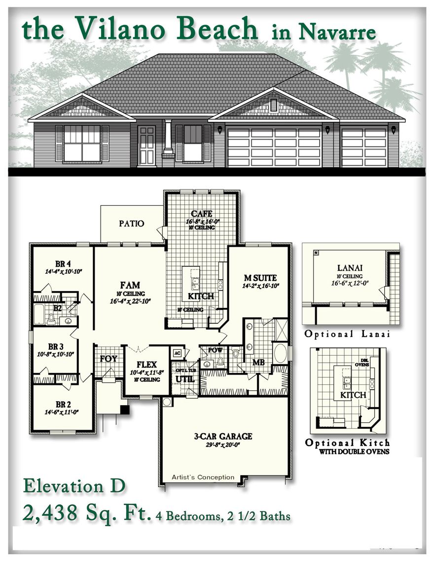 The Vilano Beach is one of our new plans with a 3 car garage. Enter through the foyer into an open floor plan with large kitchen island and in place of breakfast nook you have a huge CAFE for your dining table and other dining room furniture. The Flex room that could be used as office, living room or kids play room is perfect. The Master bedroom boasts two large walk-in closets. Flooring in wet areas is wood vinyl flooring. Granite countertops in kitchen. Stainless steel appliances including double ovens make this kitchen a home run. Cultured Marble countertops in Bathrooms provide a clean spa like feel. This home is walking distance to the Publix Shoppes of Navarre to include restaurants, boutiques & shopping.