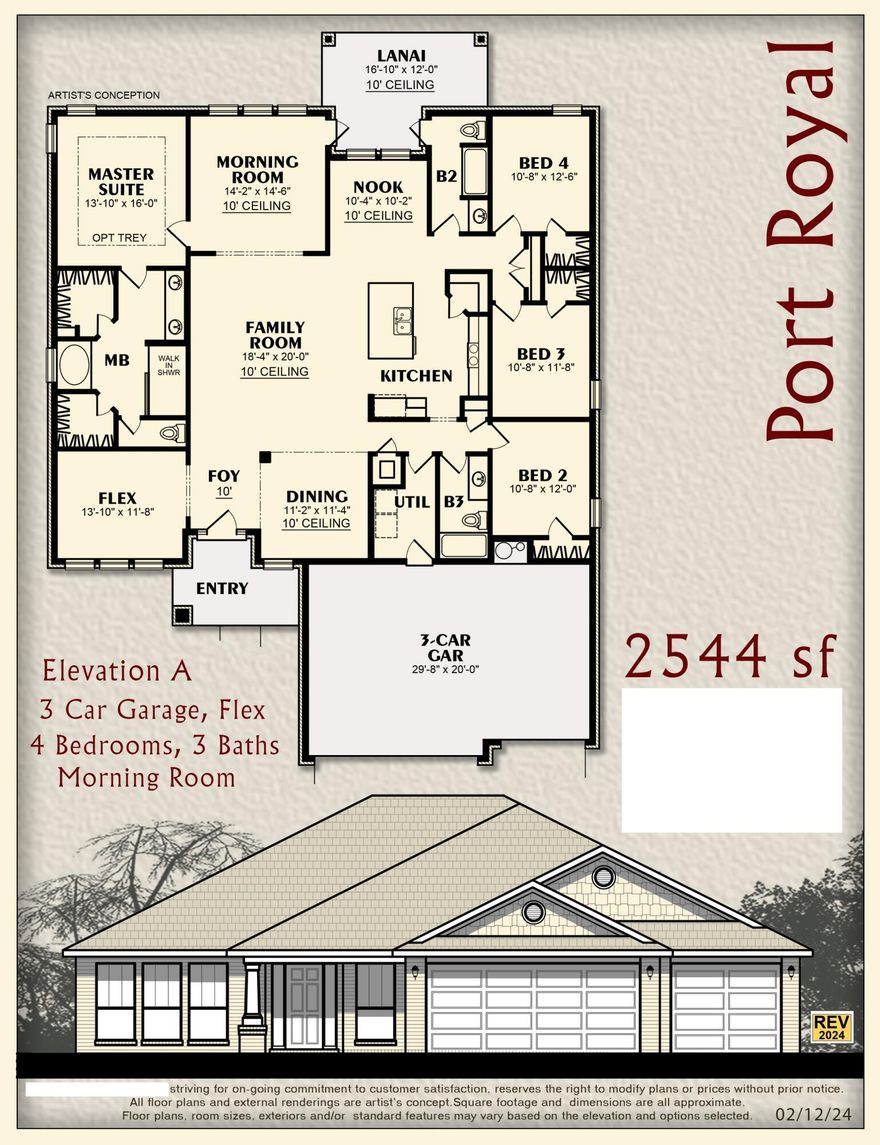 *New Construction on Large Lot * Anticipated completion December 2025 * This Plan Features: 2 x 6 Exterior Construction, 4BR/3BA & Flex Room *3 CAR GARAGE * 10 Ft Ceilings & Laminate Wood Plank Flooring in Main Living Areas * Granite Countertops Kitchen & Baths * Tile Flooring in all Baths* Ceiling Fans in all Bedrooms & Family Rm * Main Suite with Trey Ceiling & Main Bath with Builder's Signature Zero Entry All Tile Walk in Shower with 2 Shower Heads, Separate Garden Tub, Double Vanities & Walk-in Closet * Kitchen Features:  Granite Countertops,  Large Island, Shaker Style Soft Close Cabinetry, Stainless Steel Appliances & Walk in Pantry * Breakfast Cafe * Covered Front Entry and Rear Lanai with Ceiling Fan *Irrigation System for Sodded Areas * Builder Warranty Included *