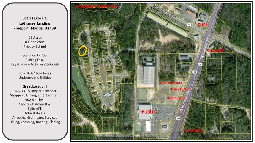 LOW TAXES / LOW HOA / GREAT LOCATION NEAR BAY AND BEACHES! LaGrange Landing offers everything the Emerald Coast has to offer! The neighborhood amenities include a pool and access via kayak to Lafayette Creek. Paddle your way to the Bay! Must see to appreciate, new homes are going up fast. Don't miss your chance to build in one of Northwest Florida's fastest growing and most desired areas!