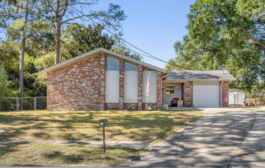 WELCOME HOME! This charming 3 bedroom/2 bath home is located in the heart of Niceville, at the end of a cul-de-sac. The home features a formal living room with brick accent wall, eat in kitchen, double vanities in guest bath and skylights. You'll find master bedroom features double closets and a full bathroom. The garage is off the kitchen but is currently being used as a bonus room. You'll appreciate the large fenced in backyard with fire pit, a shed and large patio for relaxing and entertaining. Don't miss out! Schedule a showing today.