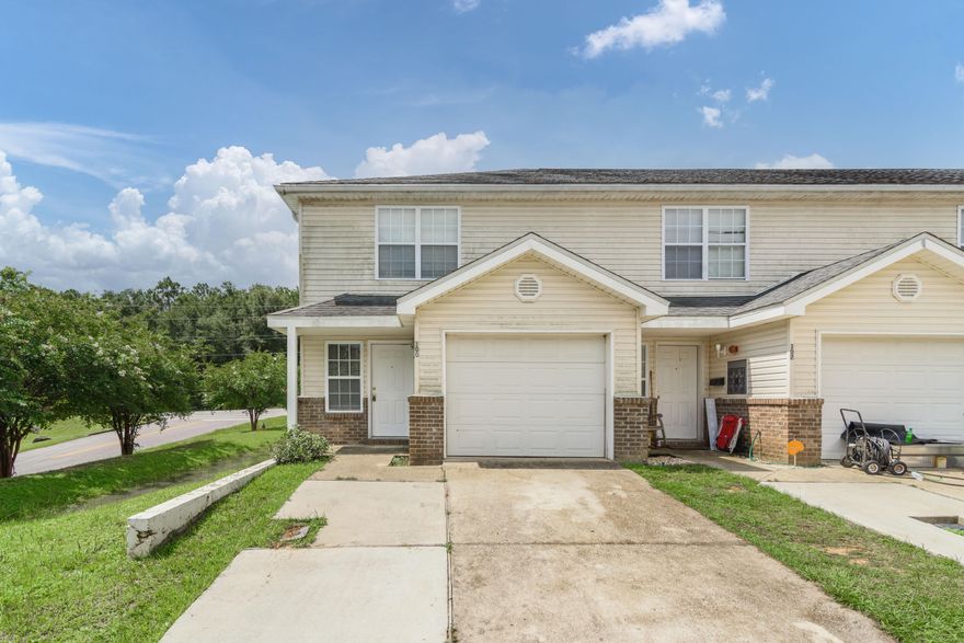 Available 10/1/2021........2/2.5 End town home unit with easy access to bases, beaches, & shopping. There are 2 master suites in this end unit.  Both bedrooms are upstairs and a laundry closet. Down stairs is the living room, kitchen, 1/2 bath, and dining area.  There is ceramic tile downstairs. New carpet upstairs and new paint throughout the home.  1 car garage. No inside smoking or vaping. Pets not allowed.  Open back patio.  Located in the heart of Crestview.