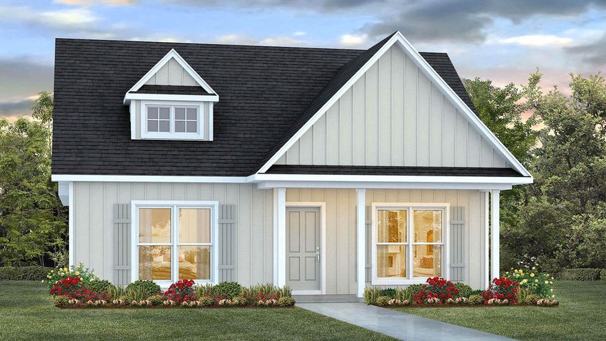 The Owl's Head community is conveniently located off of Highway 331 in Freeport.  We are only 8 miles to Interstate 10, and 16 miles to beautiful beaches and Highway 30 A.  We offer 6 floor plans, 3 and 4 bedrooms.  All homes have rear entry garages.  This community offers a community area with paved walking trails and a spring fed lake. | The Bayberry plan is a single story 3 bedroom, 2 bath home.  This open floor plan features a covered front porch and a very large primary bedroom. The primary bathroom has a large shower, and a  spacious closet off of the bathroom.