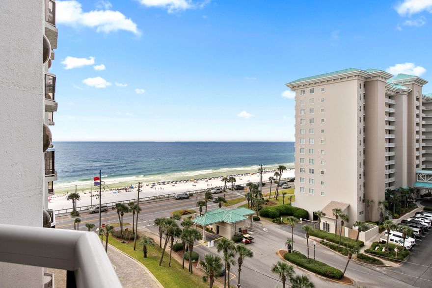 This lovely condo is your ticket to the fabulous beach lifestyle.  Great view of the beach and nicely remodeled.  Stylish kitchen with updated cabinets, counters, backsplash and stainless appliances.  The bathrooms have also been redone with walk in showers, pedestal sinks, and new vanities. Plenty of room for the family to make vacation memories and you can also take advantage of the lucrative rental market. Owners get 2 unassigned covered parking spots, first come first serve. Plenty of fun amenities including tennis, pool, exercise room, sauna/steam room, and onsite restaurant. The sky bridge makes it easy to get to the beach and the beach bar. Many exciting attractions in the area. Buyer to confirm all information.