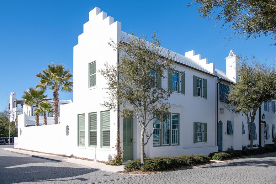 This corner residence courtyard home is just steps from the southside of 30A and the newly designed Fonville Park. Designed by Architect Gary Justiss, 31 North Charles features 4 bedrooms, 4.5 baths, a generous courtyard and pool, open loggias, and a second floor flex space and den. Rice white peacock pavers flow throughout the first floor and courtyard while whiskey oak defines the second floor and stairs. A freestanding tub in the first floor master bathroom beckons for relaxation amongst a backdrop of honed Calcutta gold marble.