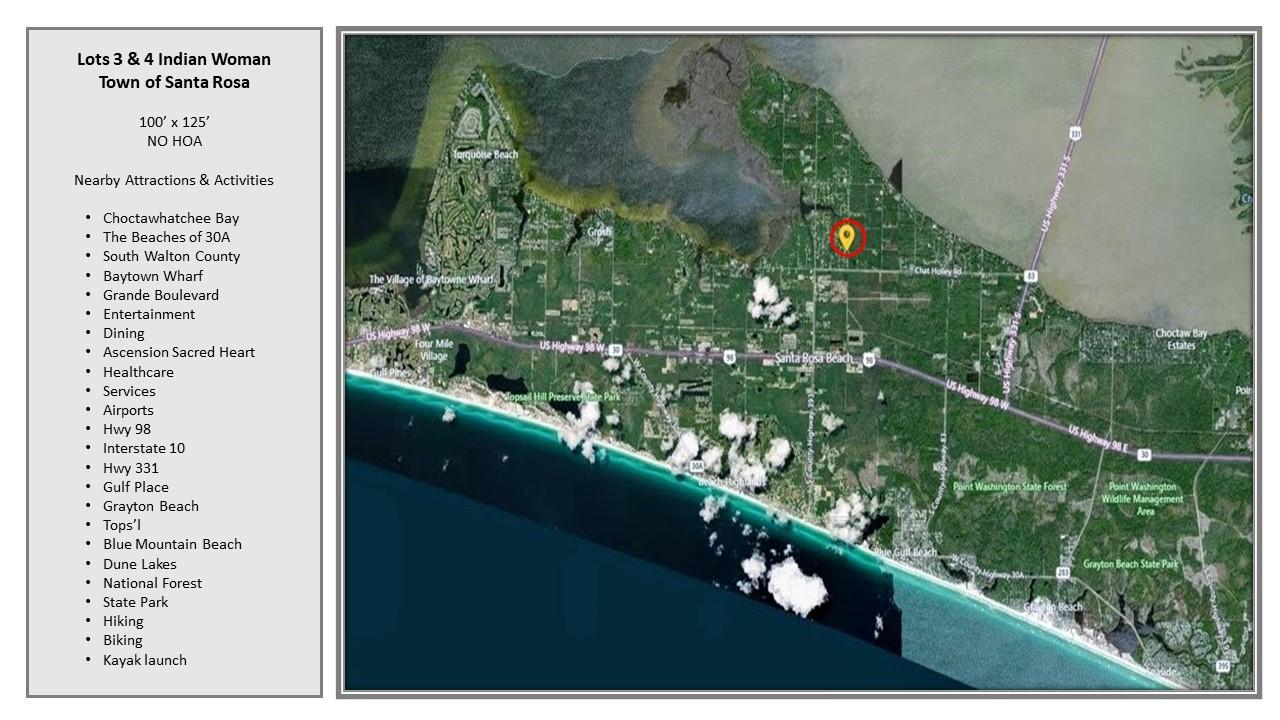 No HOA! New Construction going in nearby! Build your dream home on this large double lot! Welcome to beautiful Santa Rosa Beach, Florida. This double lot measures 100 x 125 feet and land use designation is Rural Residential. Nearby homes are Florida Coastal Style and most are recently constructed. This area is quickly growing!Located minutes from the Choctawhatchee Bay and the Beaches of South Walton County. Dining, entertainment and services including healthcare is nearby. Your relaxed beach lifestyle awaits!