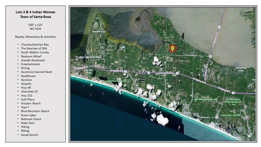 No HOA! New Construction going in nearby! Build your dream home on this large double lot! Welcome to beautiful Santa Rosa Beach, Florida.  This double lot measures 100 x 125 feet and land use designation is Rural Residential. Nearby homes are Florida Coastal Style and most are recently constructed.  This area is quickly growing!Located minutes from the Choctawhatchee Bay and the Beaches of South Walton County.  Dining, entertainment and services including healthcare is nearby.  Your relaxed beach lifestyle awaits!