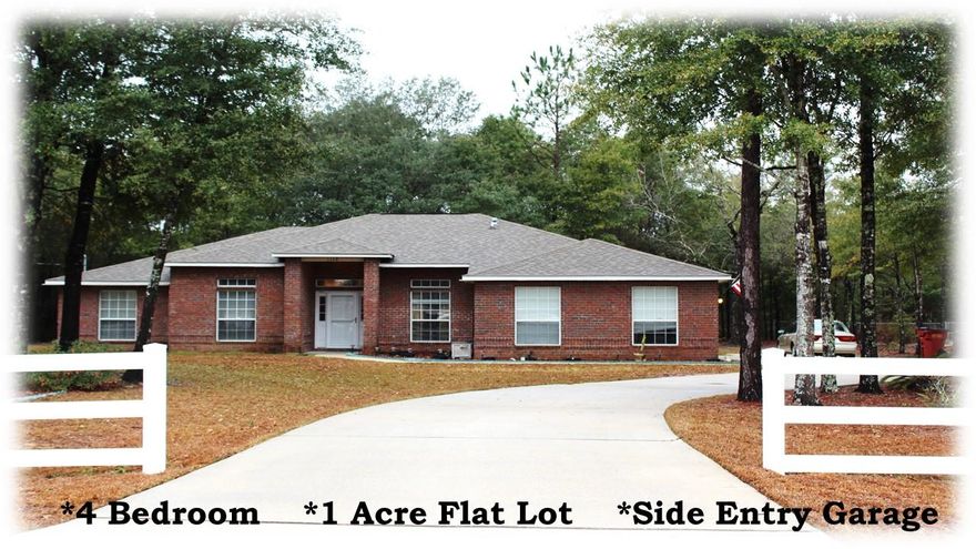 4BR/2BA Side Entry Garage Brick House sits on 1 acre level lot in Baker! This open, split bedroom floor plan features a spacious living room with wood burning fireplace with tile surround, glass sliding door has new vertical blinds*Separate dining room*Plenty of natural light with the double paned windows and newly installed front glass storm door*Well-equipped spacious kitchen has maple cabinets, solid surface countertop on center Island, plant shelve, pantry and plenty of countertop space for cooking*The master bedroom has plenty of wall space to place your oversized furniture, ceiling fan*Master bathroom features a jetted tub, double vanity, and his and hers walk-in closets* Additional bedrooms are all good sized* 4 ton, 14 seer AC (inside & outside) installed in Sept 2013 and warranted