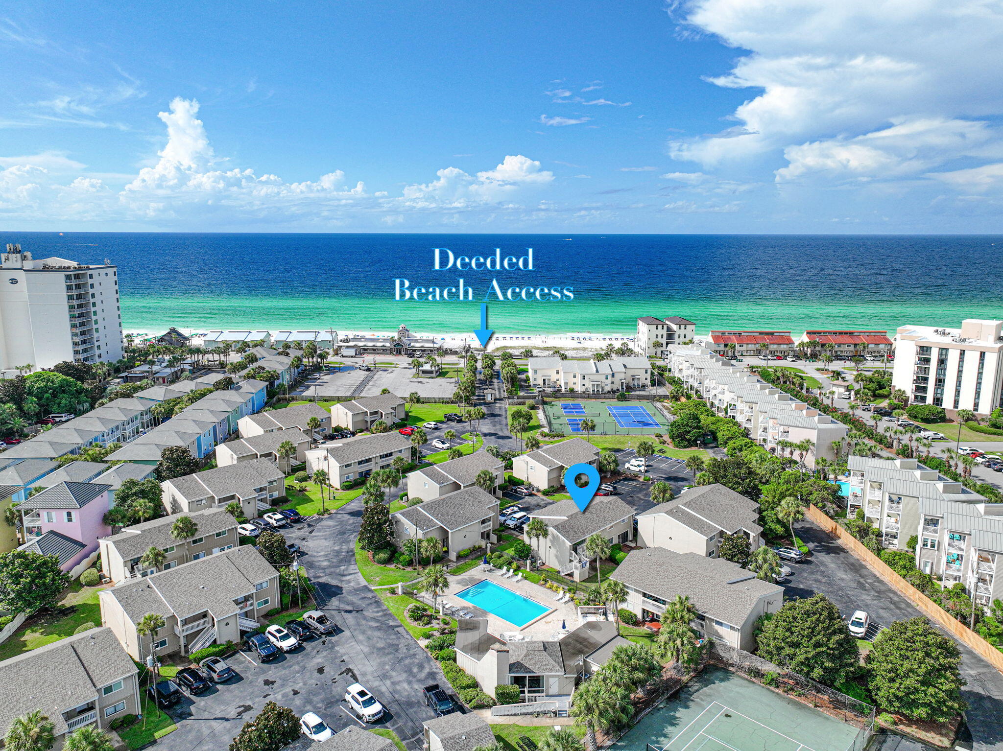 One-bedroom, one-bath, first-floor unit located in Chateau La Mer. If you're looking for a Beachside Bargain for something that you can short-term rent, that is pet-friendly, and you can remodel to your taste - then this may be just the property for you! This complex includes tennis/pickleball-lined courts, a swimming pool, a community clubhouse, and gated beach access to 215 feet of White Sandy Beach! Chateau La Mer is located just a short distance from Beachfront Dining and just minutes to Destin Commons and Silver Sands Outlets. This unit has been single-owner-occupied since 1985. A/C installed 2023.