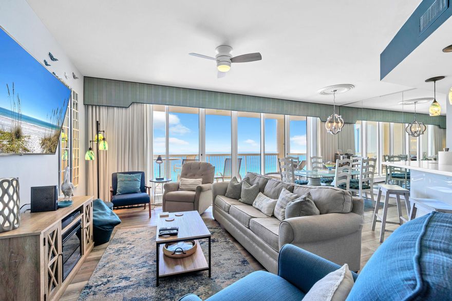This Beautiful 10th Floor Unit Condominium located in the Very Desirable community of Silver Beach Towers East with mesmerizing 180 degree beach views east and west.  An entire wall of floor to ceiling windows provide nothing but water views from the living room, dining room, kitchen and master suite. Enjoy the large gulf side great room and kitchen - perfect for entertaining your friends and family or just relaxing and enjoying the Emerald Green water. Private Gulf Front Terrace overlooking the two swimming pools/hot tubs.  The private gulf side Master Suite makes this a perfect home or home away from home. Proven Rental with $170k in 2022, $140k in 2023 with condo down for 5 weeks in Spring for showers renovation & not advertising Late Fall/Winter, and $115k in 2024 with winter blocked 4.9 Star Review Average on VRBO & Owner willing to assist in transferring. Fresh paint throughout & most appliances & water heater recently replaced.