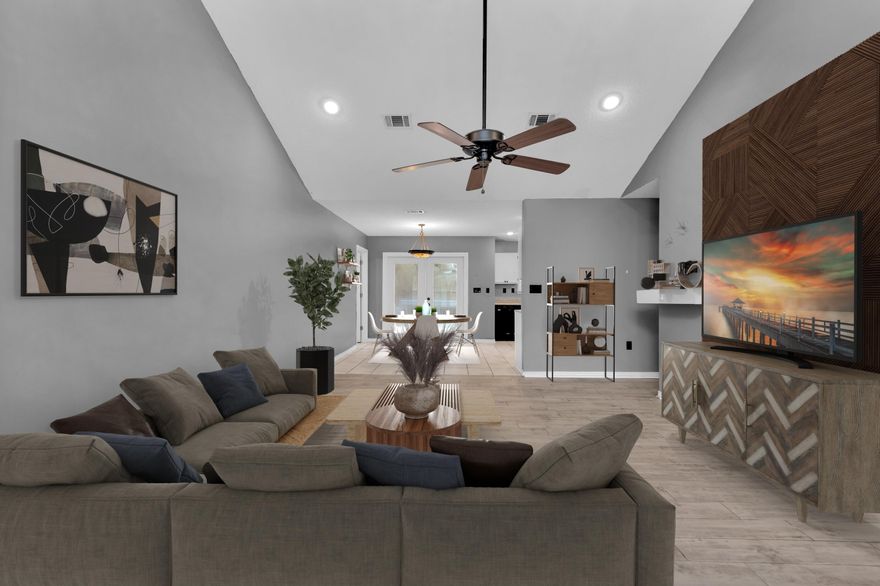 Affordable home in Crestview directly in the center of the city. This 3 bed 2 bath home is very privately located off the main roadway, backing up to the forest. You will love the vaulted ceilings in the main living space, the open concept floorplan, and tasteful renovations to the interior. A virtual staging has been created to showcase the endless possibilities to make this home a Boho art piece. It boasts a massive rear lumber patio, a long flowing yard perfect for animals, and the potential to add more personalization! The master bedroom has a trey ceiling, rare for properties in the price range. The master suite has a natural grain lumber decor, garden tub and stand in shower. The tile floors throughout the main house are ease of maintenance. Book your private showing today.