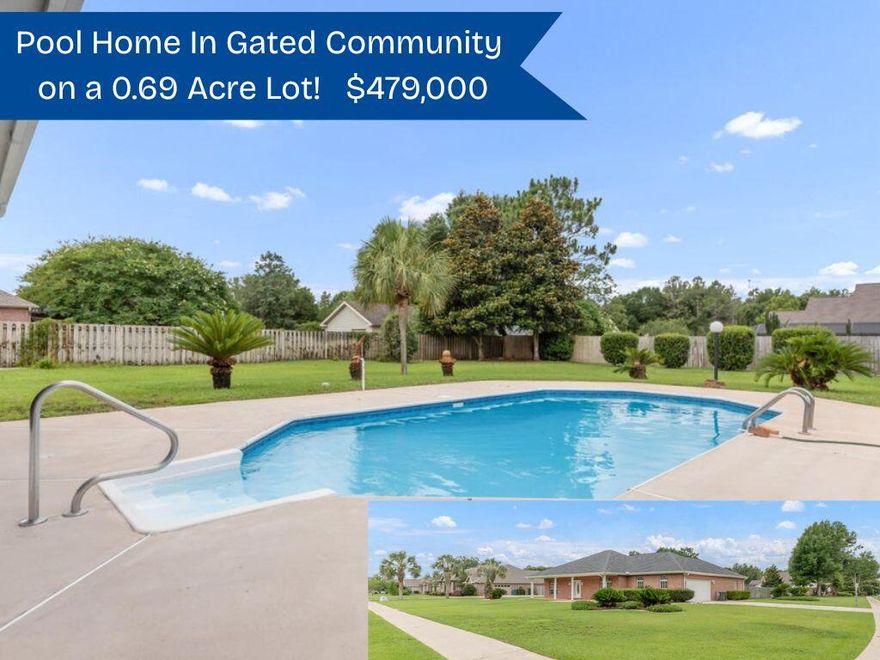 POOL HOME on Large Corner Lot With Side Entry Garage!Welcome to the beautiful gated community of Colony Ridge in Crestview, FL! This 3 bedroom 2.5 bathroom all brick POOL home with side entry garage is situated a large 0.69 acre corner lot has been FRESHLY PAINTED and is ready for it's new owners! As you approach the front of the home, you are greeted by a massive covered porch with white columns that are perfect for your rocking chairs. As you step inside, you will enter the Foyer with a coat closet and French doors that guide you to the home's living room with vaulted ceilings, hardwood floors, ceiling fan, and recessed lighting. Just off of the living room, is a formal dining room, spacious kitchen, and a second dining area. Both the formal dining room and dining area have tile flooring and painted wood work. The spacious kitchen has plenty of solid wood cabinets, Corian counter tops, tile flooring, movable island, pantry, stainless steel appliances (French door refrigerator, NEW oven, NEW microwave, dishwasher) and breakfast bar. Just off of the kitchen is a half bathroom for guests and the indoor laundry room with pantry cabinet and tub sink. This split floor plan offers a large private master bedroom with tray ceiling, ceiling fan, and tile flooring. The massive master bathroom offers a cultured marble double vanity, whirl pool tub, separate shower, and large walk-in closet. On the other side of the home, you will find two additional oversized bedrooms with spacious closets, tile flooring, and ceiling fans. These bedrooms are separated by an additional full bathroom with a walk-in jetted bath with shower attachment. The oversized side entry 2 car garage offers a built in standard door and staircase access to the homes attic with decking for easy storage. This home offers AMAZING outdoor spaces with TWO porches (one interior tiled porch with ceiling fan and a huge outer screen porch overlooking the pool and enormous fenced in back yard. Enjoy those sunny Florida days in the beautiful inground pool, surrounded by palm trees. 
HVAC replaced in 2021, ROOF replaced in 2020, Freshly painted in 2025, Rinnai Tankless hot water heater, Pex Plumbing and manifold and more...
Don't miss out on your opportunity to own a a home in this highly desirable gated community. Schedule your showing today!!!