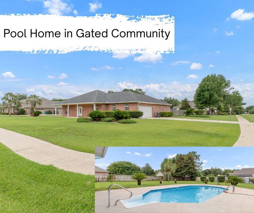 POOL HOME on Large Corner Lot With Side Entry Garage!Welcome to the beautiful gated community of Colony Ridge in Crestview, FL! This 3 bedroom 2.5 bathroom all brick POOL home with side entry garage is situated a large 0.69 acre corner lot has been FRESHLY PAINTED and is ready for it's new owners! As you approach the front of the home, you are greeted by a massive covered porch with white columns that are perfect for your rocking chairs. As you step inside, you will enter the Foyer with a coat closet and French doors that guide you to the home's living room with vaulted ceilings, hardwood floors, ceiling fan, and recessed lighting. Just off of the living room, is a formal dining room, spacious kitchen, and a second dining area. Both the formal dining room and dining area have tile flooring and painted wood work. The spacious kitchen has plenty of solid wood cabinets, Corian counter tops, tile flooring, movable island, pantry, stainless steel appliances (French door refrigerator, NEW oven, NEW microwave, dishwasher) and breakfast bar. Just off of the kitchen is a half bathroom for guests and the indoor laundry room with pantry cabinet and tub sink. This split floor plan offers a large private master bedroom with tray ceiling, ceiling fan, and tile flooring. The massive master bathroom offers a cultured marble double vanity, whirl pool tub, separate shower, and large walk-in closet. On the other side of the home, you will find two additional oversized bedrooms with spacious closets, tile flooring, and ceiling fans. These bedrooms are separated by an additional full bathroom with a walk-in jetted bath with shower attachment. The oversized side entry 2 car garage offers a built in standard door and staircase access to the homes attic with decking for easy storage. This home offers AMAZING outdoor spaces with TWO porches (one interior tiled porch with ceiling fan and a huge outer screen porch overlooking the pool and enormous fenced in back yard. Enjoy those sunny Florida days in the beautiful inground pool, surrounded by palm trees. 
HVAC replaced in 2021, ROOF replaced in 2020, Freshly painted in 2025, Rinnai Tankless hot water heater, Pex Plumbing and manifold and more...
Don't miss out on your opportunity to own a a home in this highly desirable gated community. Schedule your showing today!!!