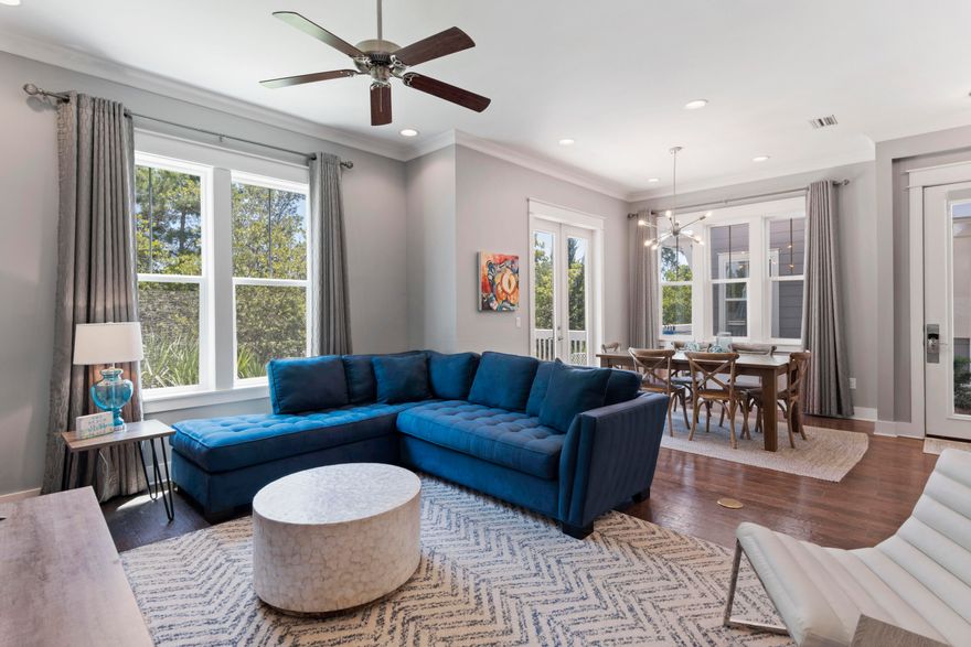 This gorgeous and immaculate (3) bed (2.5) bath townhome located in Prominence North sits on a prime lot near the neighborhood entrance for easy access to the resort-style community pool, state park trails and the many shops and restaurants at The Big Chill. Golf cart included and offered fully furnished with new and high-end furnishings in coastal blue hues. Backing up to 30A, this unit showcases a beautiful outdoor patio lined with trees and is great for lounging, listening to live music from The Big Chill (The Hub)l, and watching the many breathtaking sunrises and sunsets along 30A.