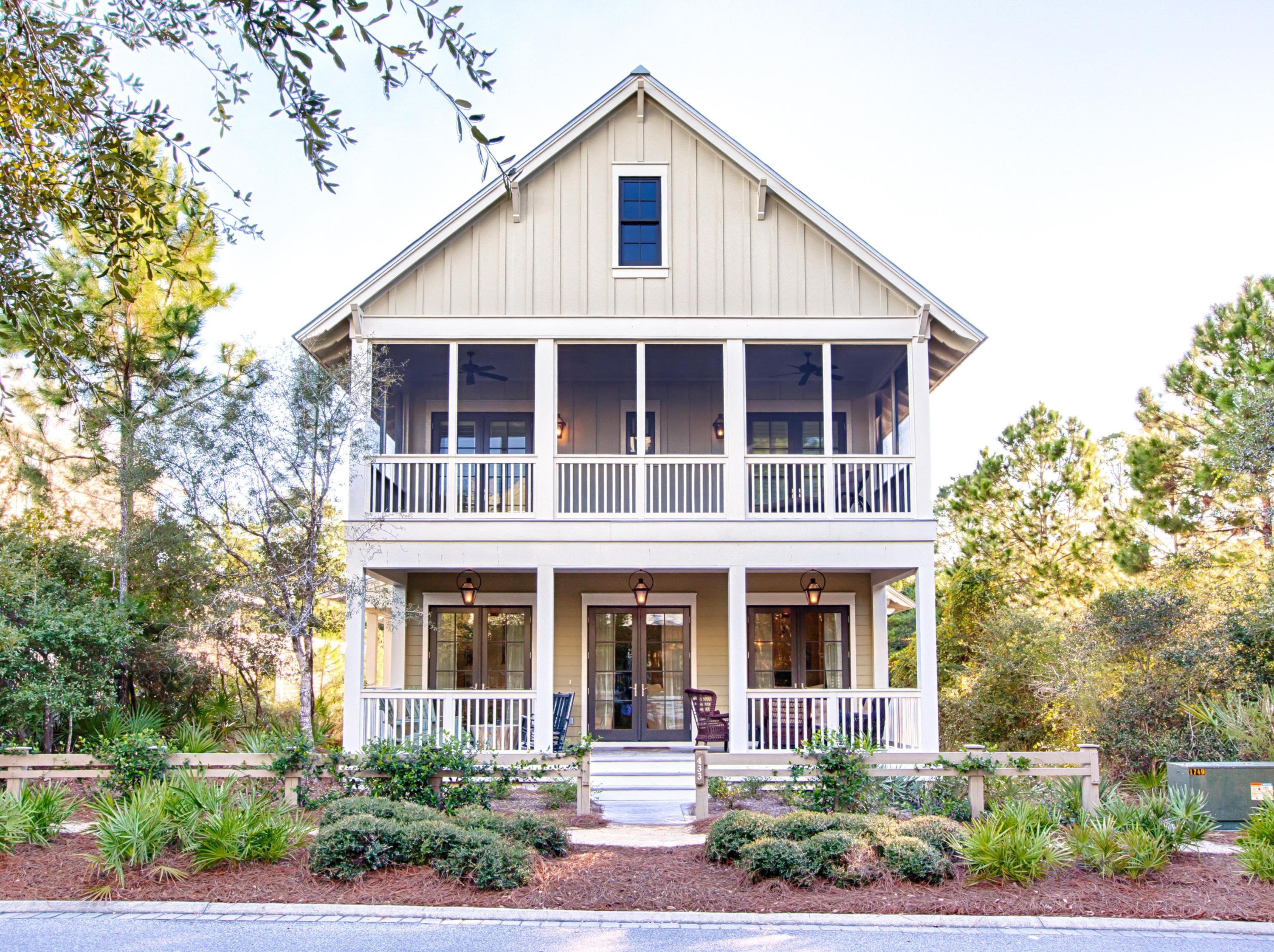 Exquisite, fully furnished, Watercolor home boasts an open floor plan with 5 bedrooms plus 4 bunks! Of the total 4 -1/2 Baths, 2 are Master baths. Guest/Master on the ground floor + Master on 2nd. The large, open living space has 4 wire-brushed oak floors, & opens onto a chef's kitchen with a 6 burner + griddle gas stove, double oven, two drawer dishwasher, and Scottsman Icemaker. Outdoor living spaces include a screened porch with TV and heated pool. Home is adjacent to 2 wooded areas on the north and west sides for privacy. Walls on lower level are floor to ceiling horizontal wood. Other upgrades to this custom home include impact resistant windows, antique reclaimed cypress beams, solid wood core door, and more. Home has 2 HVAC units and 2 Rinnai tankless water heaters for high effic