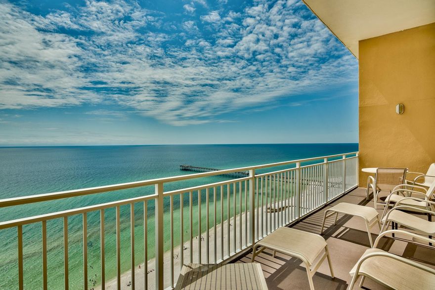 Gulf Front Penthouse Condo with Spectacular Views! Beautifully Furnished with laminate wood flooring and granite counters. HVAC replaced in 2017. Spacious master suite with balcony gulf view and cozy guest bedroom with built-in single bench/bunk. Great location- across from water park, restaurants and near Pier Park shopping! Amenities include Pool, Beach Access, Exercise Room, BBQ/Picnic Area, Unassigned covered parking. Owner occupied and not on a rental program. Rental projections- $30-35K.