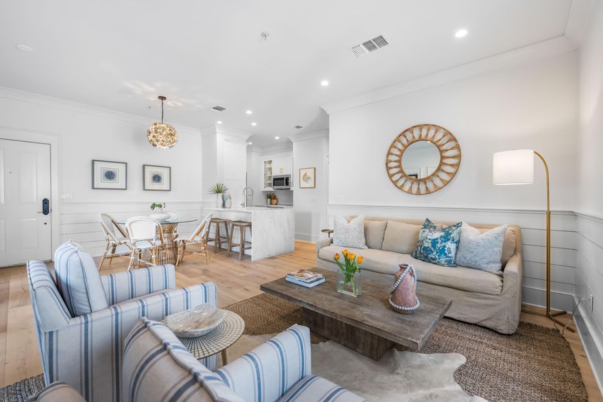 Under contract with a kick-out clause. Exquisite 2-Bedroom Flat nestled in the heart of Rosemary Beach, situated on the ground level and overlooking the serene St Augustine green this refined residence offers a perfect blend of sophistication, comfort, and convenience. Recently renovated with new flooring, furnishings, paint, and decor for a seamless blend of modern elegance and coastal charm. The gathering space, the kitchen, boasts marble countertops with a waterfall-edge island, a suite of Bosch stainless appliances, including a fully integrated panel-front dishwasher, and a pearlescent backsplash to add a touch of opulence. The primary suite features an upholstered king bed and an expansive walk-in shower in the tastefully updated bath. The guest bedroom provides sleeping space for