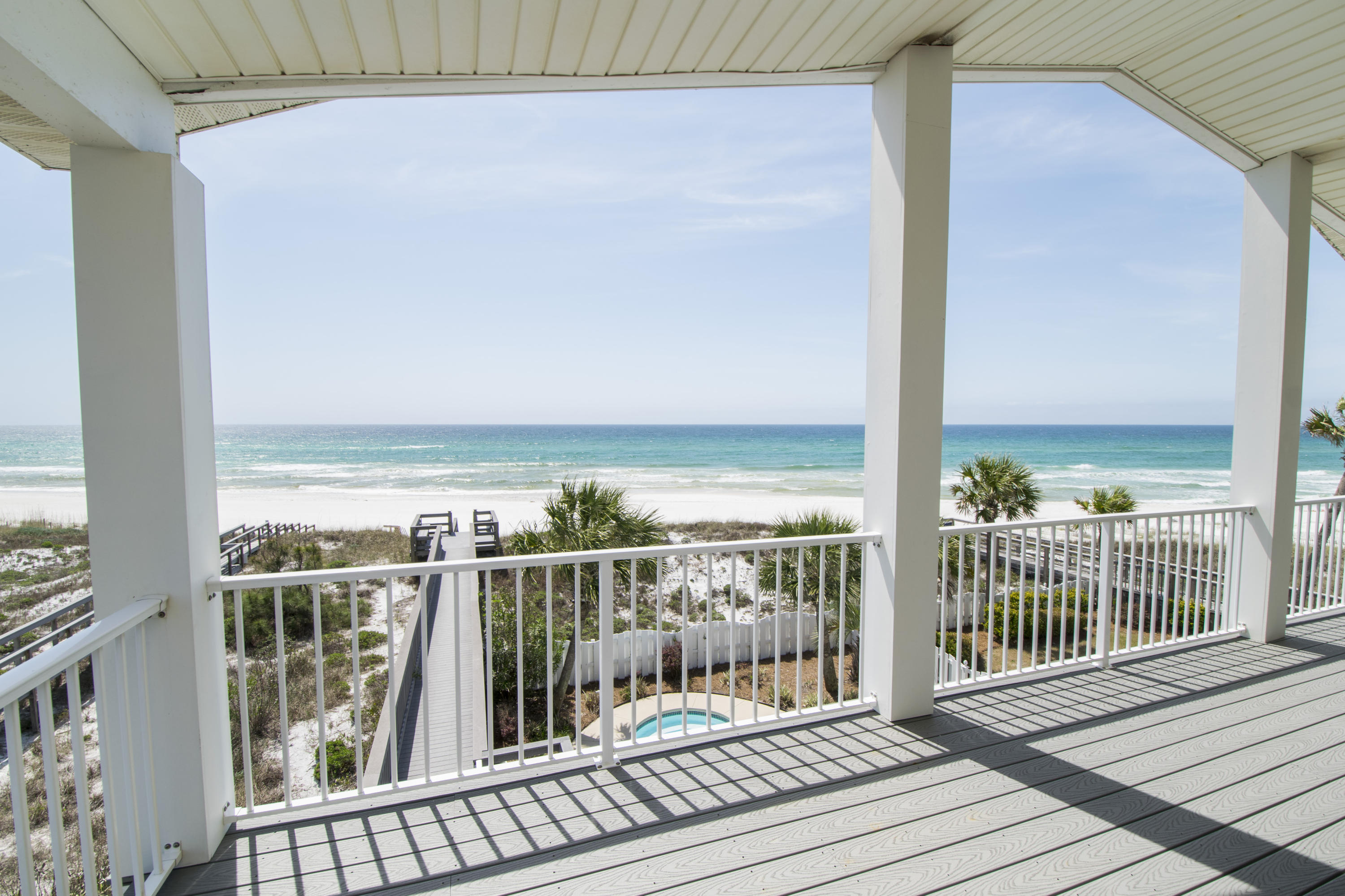 Welcome to a coastal waterfront haven in Inlet Beach - Aurora House. This immaculate four story, 5-bedroom, 5-bathroom, Gulf-front beach house boasts 2,535 square feet of paradise living and accommodates 18 guests comfortably. This home sits on one of the best Gulf-front lots in Inlet Beach that is 413 feet deep, has a private pool and private beach boardwalk. Beautiful Gulf views available from the living room, kitchen and master bedroom, and panoramic views from the top floor!This home features an open floor plan and is being sold fully furnished and decorated. Interior features include ceramic tile in the living areas and bathrooms, plush carpeting in bedrooms, plantation shutters, custom window and door molding, and coastal off-white paint.