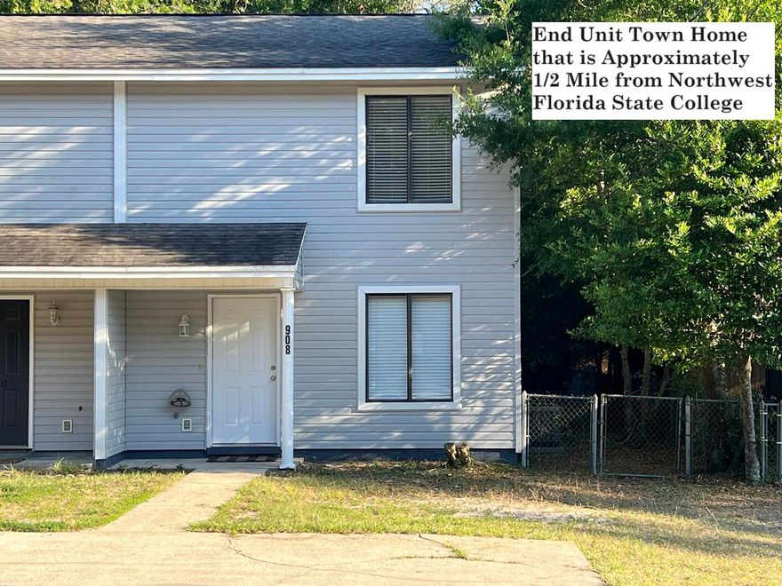 NO HOA - End Unit Town Home that is located Approximately 1/2 Mile from Northwest Florida State College. Granite Countertops, in the Kitchen & Baths Plus Modern Shaker Cabinets. Completely Tiled Bottom Floor with a Separate Living & Dining Area. 2022 Complete A/C & Heating System. The First Floor Laundry Room is oversized and is located off the Kitchen and could Double as an Added Pantry Area. Upstairs there are 2 Spacious Bedrooms and a Full Bathroom. This unit has a Large Fenced Backyard. This is a Great Location close to Hwy 85 North (to Crestview) and South (to Fort Walton) without going through Niceville. Easy Commute to the Eglin, 7th Group, Duke Field, and the Bypass to Access Destin. Buyer to Verify Measurements. Being Sold As-Is, the sellers have never occupied the property.