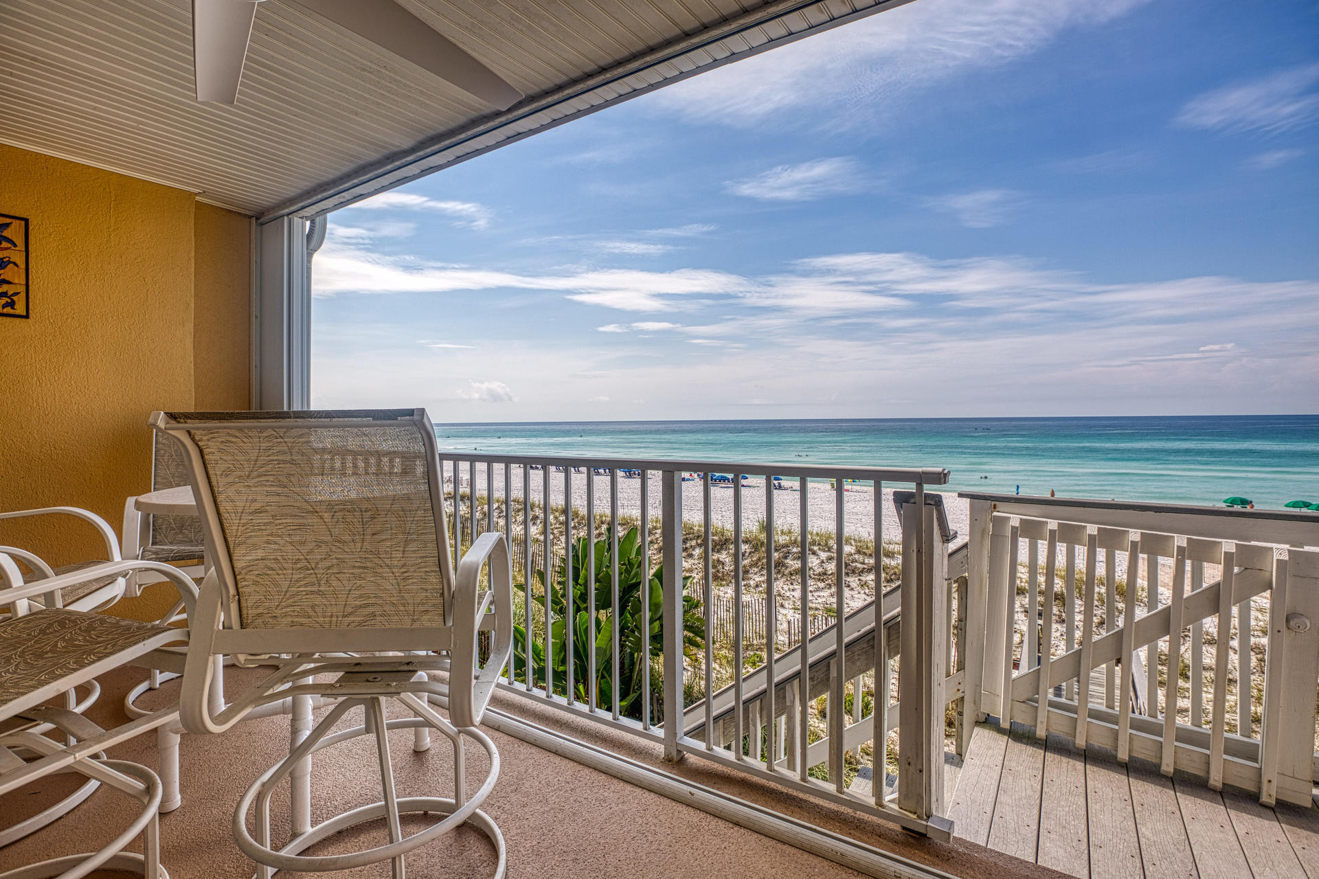 Under Contract and accepting Backup offers! Gulf Front and luxurious condo living on a private beachfront paradise. A very rare find and the only unit for sale in the last 16 months! Only 9 units are located in this non-rental complex. Take in panoramic views of the gulf from your living room, kitchen, or the oversized master bedroom. Your private balcony sits high above the beach and has a staircase which leads directly to the sand and the waves. This unit boasts 3 oversized bedrooms and 3 gorgeously remodeled bathrooms. An open concept kitchen w/ granite countertops flows into the separate dining room and into the large living room. This property features a very LOW HOA fee and located in the HEART of the Emerald Coast. The unit also features a washer/dryer and 2 parking spaces