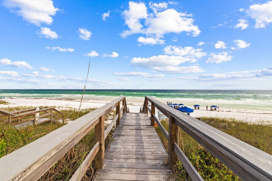 Perched atop the esteemed Seaview Villas, boasting its very own private deeded beach access, this flawless condominium embodies coastal opulence in the heart of Seagrove. Merging refinement with practicality, and even offering a tantalizing glimpse of the Gulf, this 'penthouse' abode comes fully furnished, ensuring a seamless transition into your coastal oasis. Every aspect of this residence has been meticulously attended to. Indulge in the refined elegance of Quartz countertops, perfectly paired with stainless steel appliances, stylish furniture, and fresh paint adorning every corner. Further enhancing its allure are the 3 bedrooms all featuring ensuite baths, plantation shutters, lightning speed fiber internet, new HVAC and water heater, and a cutting-edge water filtration system in the