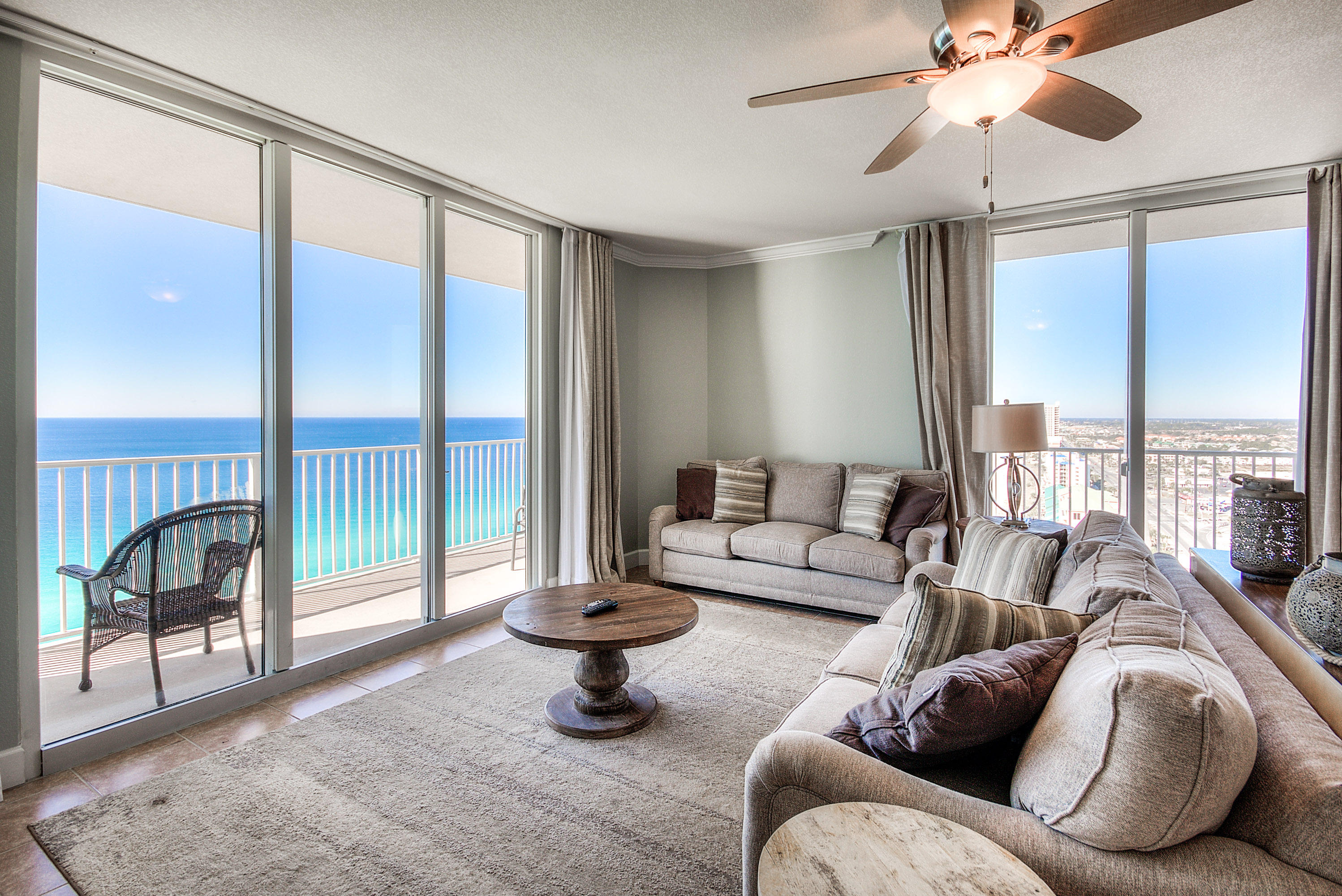 This perfectly situated western corner condo at Tidewater Beach Resort in Panama City Beach is one of the most sought after floor plans in the entire area. This property affords expansive views over the pristine beaches of the Gulf and offers nearly 2,300 sq.ft of living space! There are three large bedrooms including a beach front master bedroom with balcony access as well as a 4th space that is currently setup as a bunk room functioning as a 4th bedroom. The over sized kitchen opens nicely to the living and dining area while featuring brand new stainless appliances, granite counter tops, added lighting and ample seating around the breakfast bar. The wraparound balcony is the cherry on top as you will never miss a sunset from this stunning coastal paradise with a tremendous rental history There are three full bathrooms including a large master bath with walk-in closet, double vanity, separate shower & tub and also a nice size laundry room. This condo offers plenty of interior storage options for owners and guests alike.
Tidewater offers the best array of amenities on Panama City Beach; a gulf front gym with great views, 4 hot tubs, 2 outdoor pools, 1 indoor heated pool, game room, saunas, steam rooms, a restaurant, poolside Tiki bar, a convenience store, movie theater, covered parking, a conference room & an owners lounge. TIDEWATER IS ONLY 1/2 MILE TO PIER PARK!! GREAT LOCATION!!