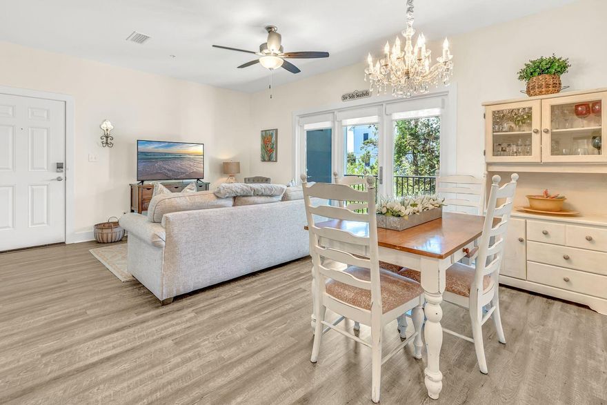 Set in a new low key gated community on 30A, this 3 bedroom, 3 and a half bath Hidden Lake Condo is close to 2 public beach accesses and has a peak of a water view from the balcony. Built in 2020, this condo shows like new, with many luxury features including nine-foot ceilings, gorgeous granite countertops, sleek LVP flooring, and is offered furnished. The open kitchen is beautifully appointed with stainless Whirlpool appliances, white Shaker-style cabinets and subway tile backsplash. Relax in the living room with treetop views from the sofa or step out through French doors onto the lengthy balcony and relax in the fresh sea air. The layout is set up for entertainment, and you can enjoy dining beneath a glittering chandelier while serving cocktails and appetizers on the high-top breakfast bar. The three bedrooms include a bunk room and a master bedroom with ensuite and balcony access. A stackable washer-dryer is tucked out of sight in the hallway closet. Hidden Lake Condominiums has a state-of-the-art fitness room and a beautiful pool. In minutes, you can be strolling on the beach, feeling the silky white sand between your toes as you go for a walk or swim. This condo is located close to many restaurants and activities between Dune Allen and Blue Mountain Beach and is suitable as a main or second home or as an investment property. The property has been reserved for use by family and friends, but rental projections show an annual potential between $60-70k due to high-quality finishes and an enviable location.