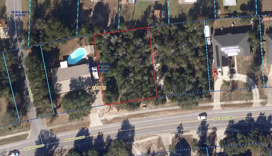 .2893 acre interior lot on Gulf Beach Hwy. According the GIS map, property is not in a flood zone (X), no wetlands, zoned LDR, septic needed and public water. Tap fees due See photos for all pertinent information